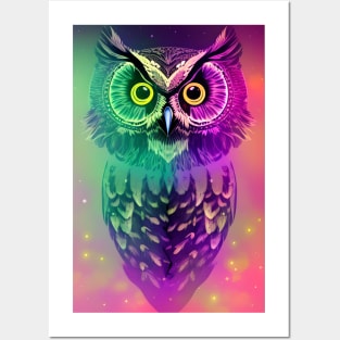 Colourful owl in pink and green Posters and Art